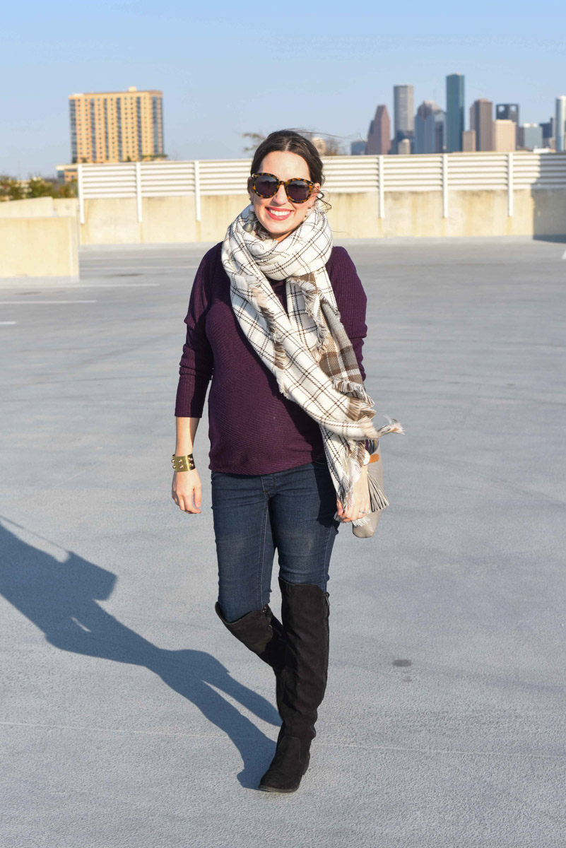 Houston fashion blogger shares a winter maternity outfit with a stowaway maternity purple sweater and an Anthropologie plaid scarf.