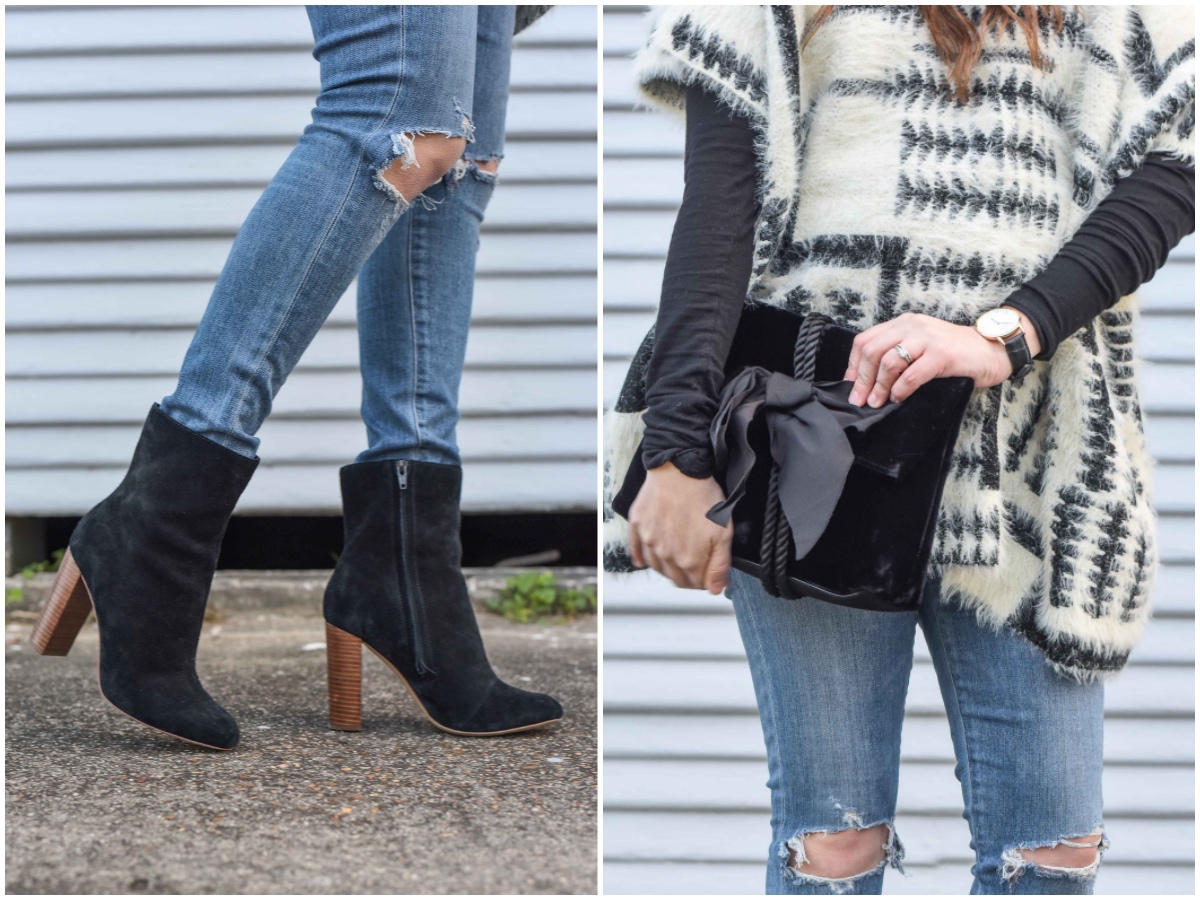 Houston fashion blogger styles sole society black ankle booties and an Ann Taylor velvet bow clutch for winter.