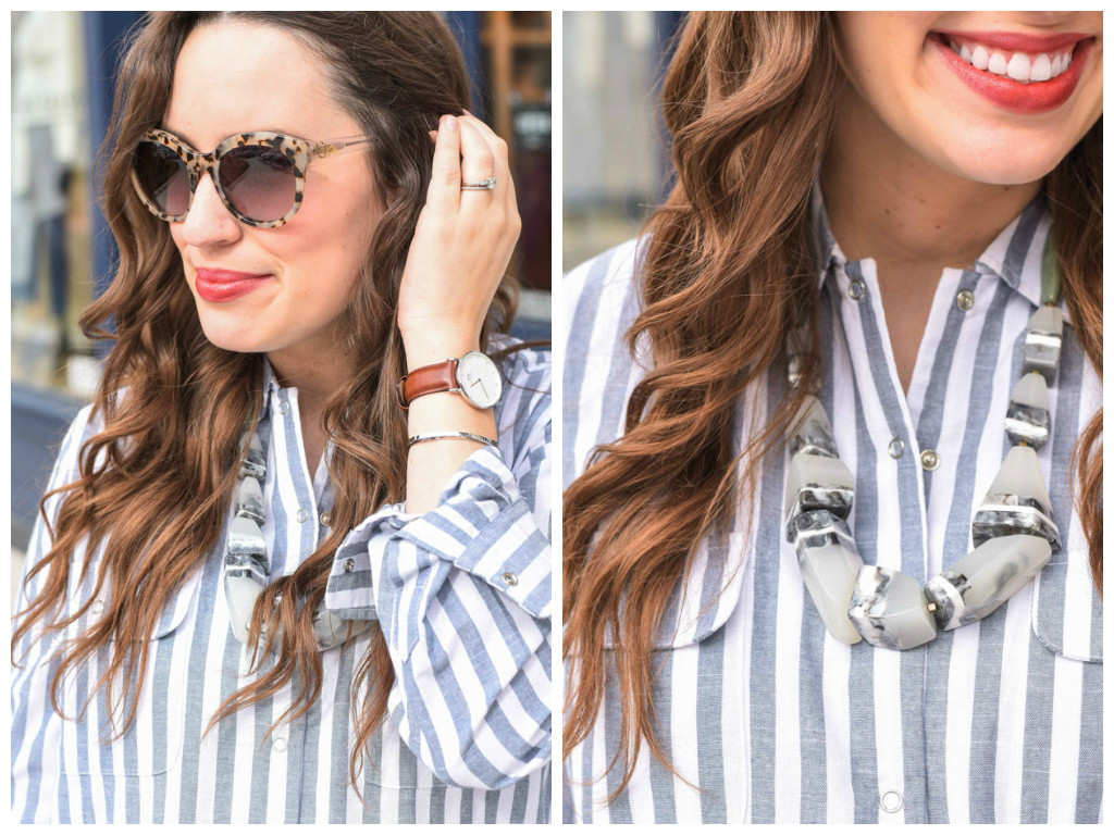 Houston fashion blogger styles a Daniel Wellington watch and cuff with a striped shirt dress. 