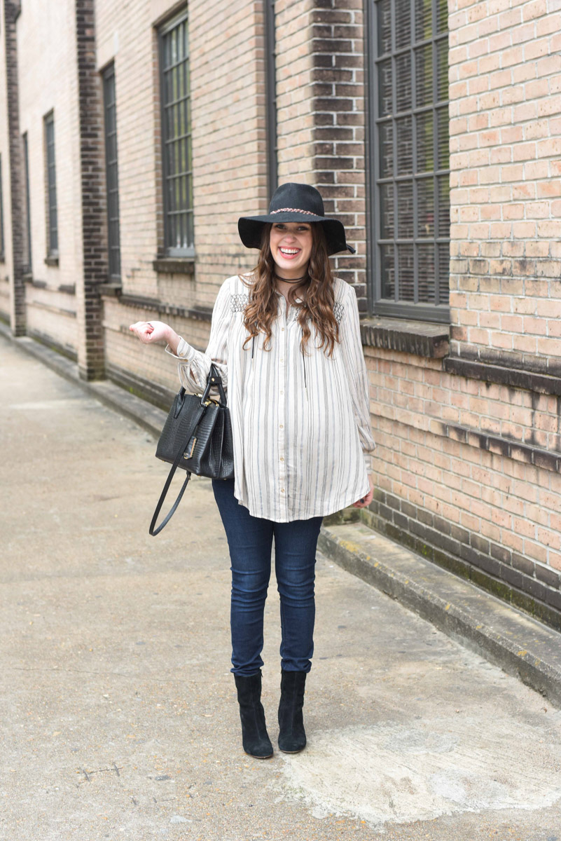 Texas fashion blogger dresses up Anthropologie's Northfork Striped Buttondown Tunic with black accessories.