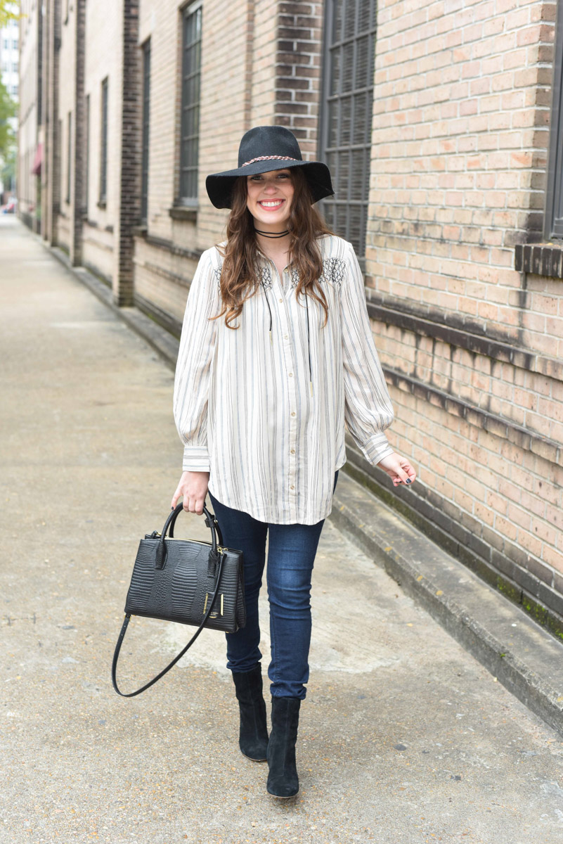 Texas fashion blogger dresses up Anthropologie's Northfork Striped Buttondown Tunic with black accessories.