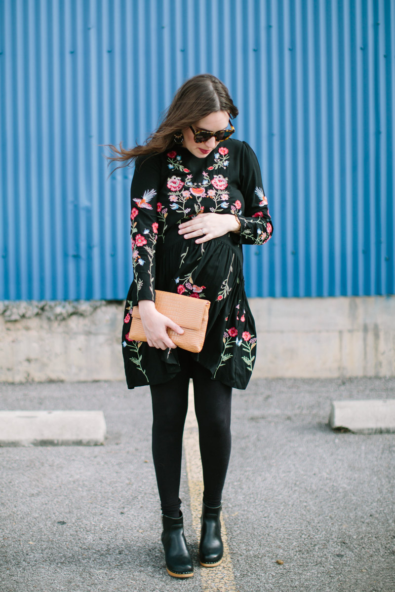 Houston blogger styles a black embroidered chic wish top as a maternity top with leggings and swedish hasbeens.
