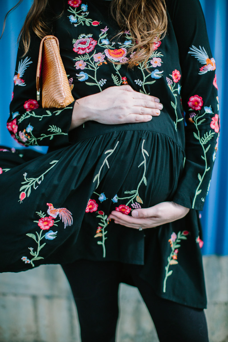 Houston blogger styles a black embroidered chic wish top as a maternity top with leggings and swedish hasbeens.