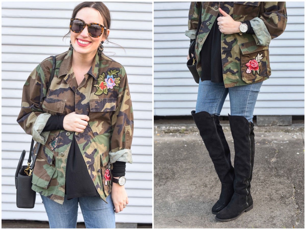 Houston fashion blogger styles an embroidered camo jacket from Planet Blue with a messy bridget bardot updo and bauble bar black earrings. 