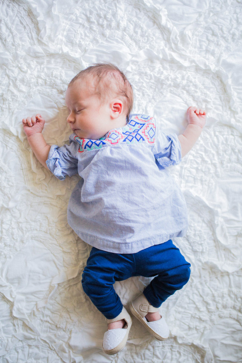 Spring baby girl outfits from Carter's. Embroidered top, navy leggings and baby espadrilles.