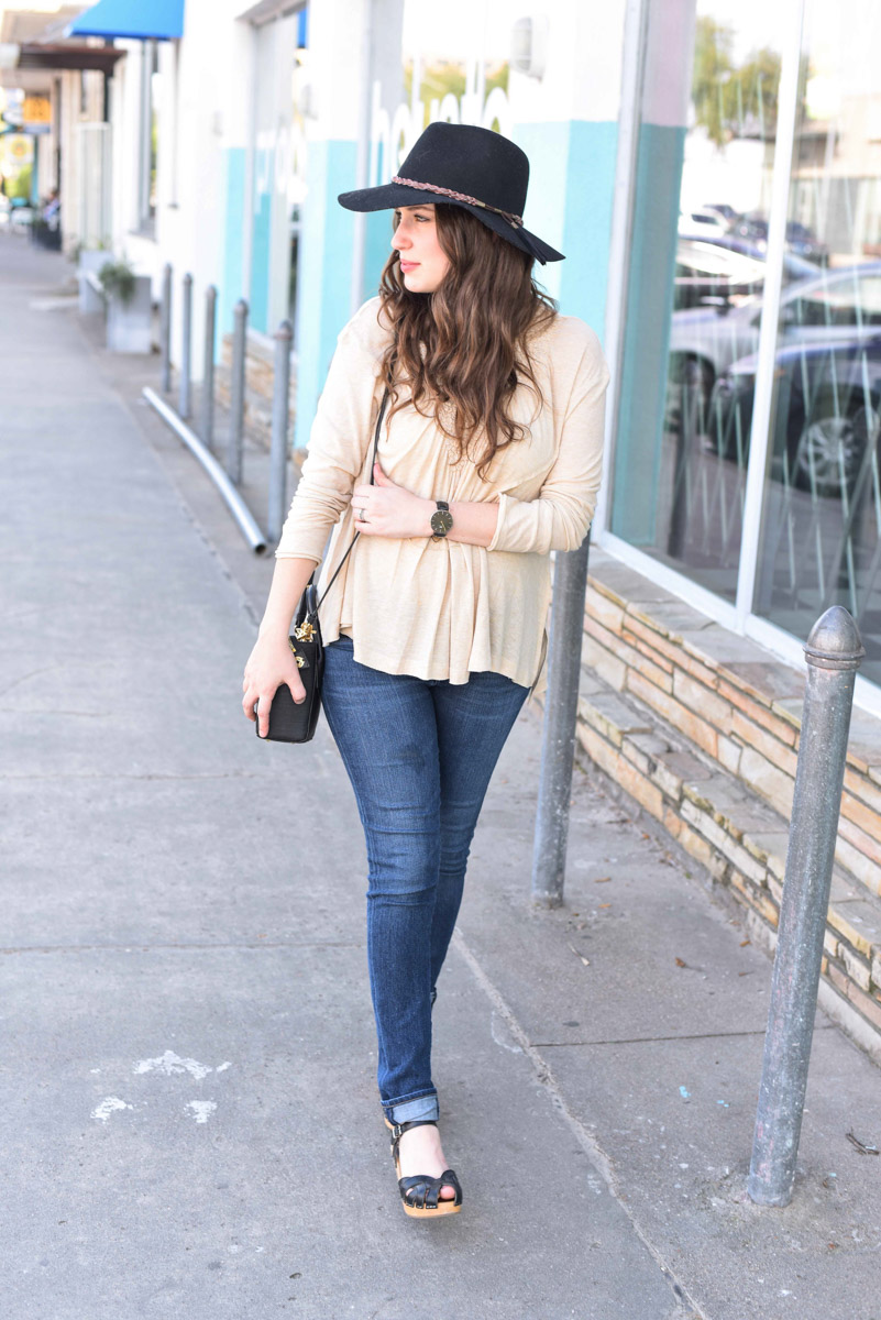 Free People High Neck Knit Top in Cream styled with Swedish Hasbeens Pearl Highs, a Dagne Dover black bag & a Cowboy Hat