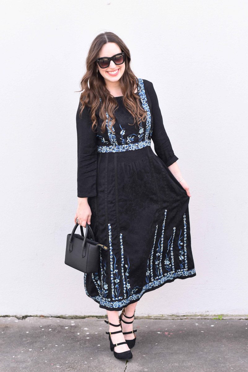 Houston fashion blogger styles French Connection's Argento Stitch Floral Embroidered Dress with Zooshoo Mary Jane Heels.