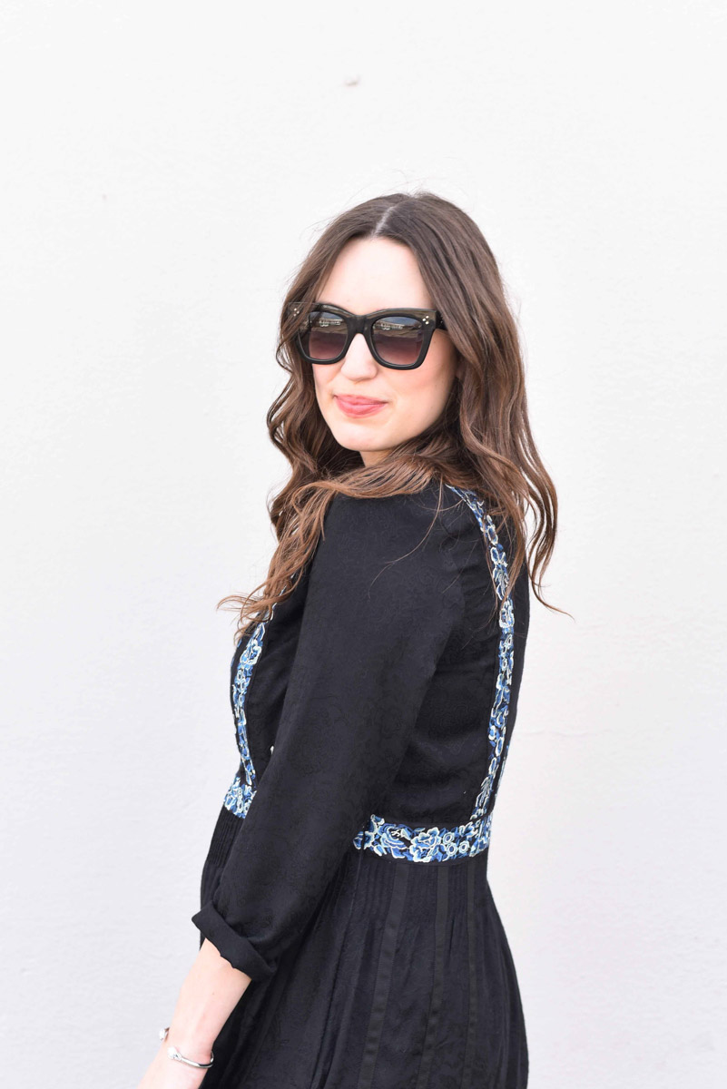 Houston fashion blogger styles a French Connection black and blue embroidered maxi.