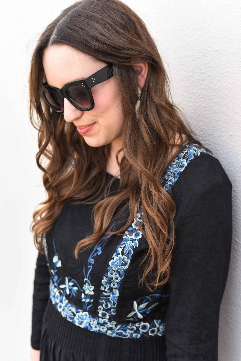 Houston fashion blogger styles a French Connection black and blue embroidered maxi.