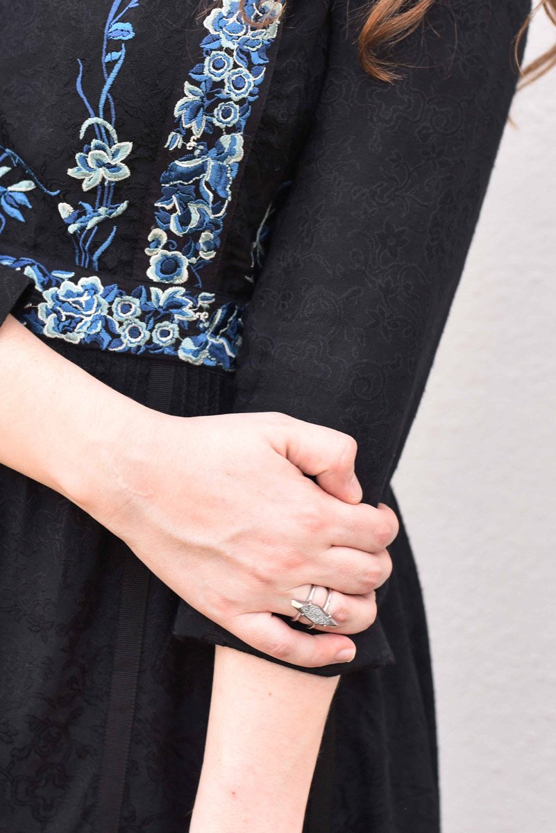 Houston fashion blogger styles a French Connection black and blue embroidered maxi with a Kendra Scott silver ring.