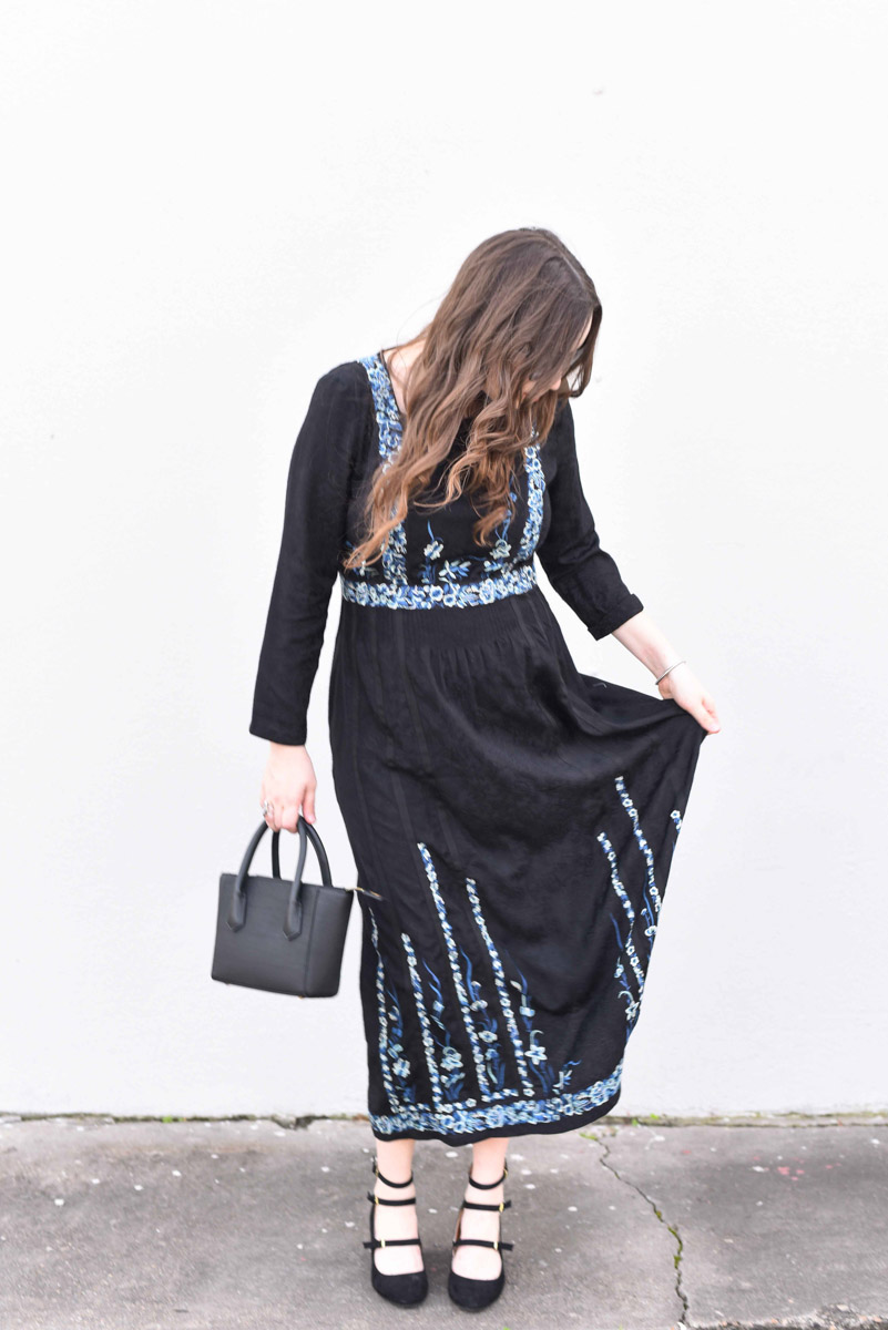 Houston fashion blogger styles French Connection's Argento Stitch Floral Embroidered Dress with Zooshoo Mary Jane Heels.