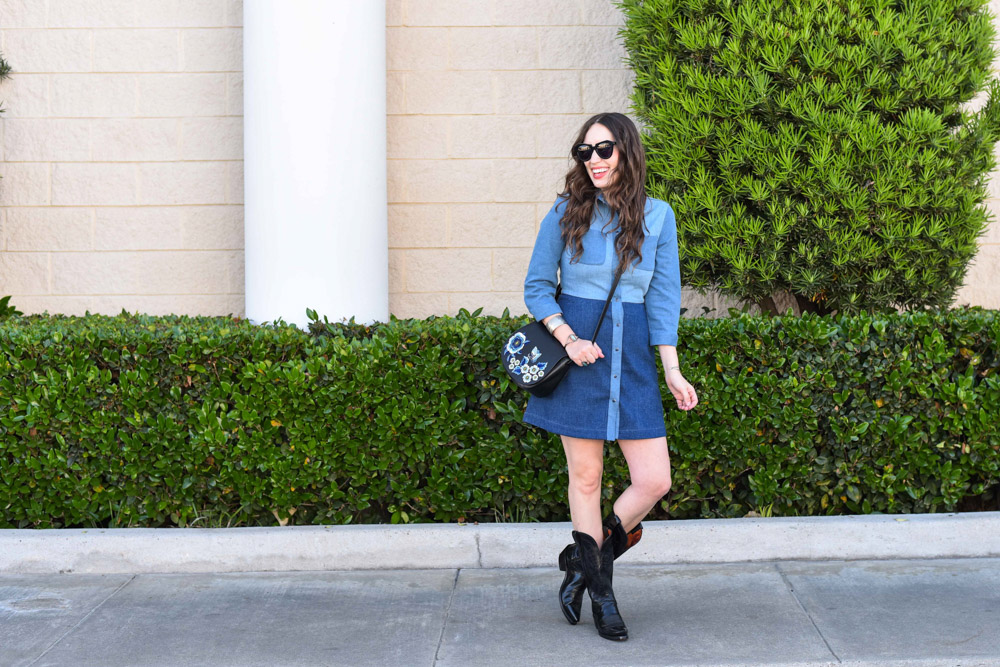 Rodeo boho style in a French Connection denim shirt dress with an embroidered saddle bag.