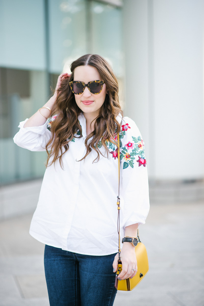 SheIn Floral Embroidered White Button Down