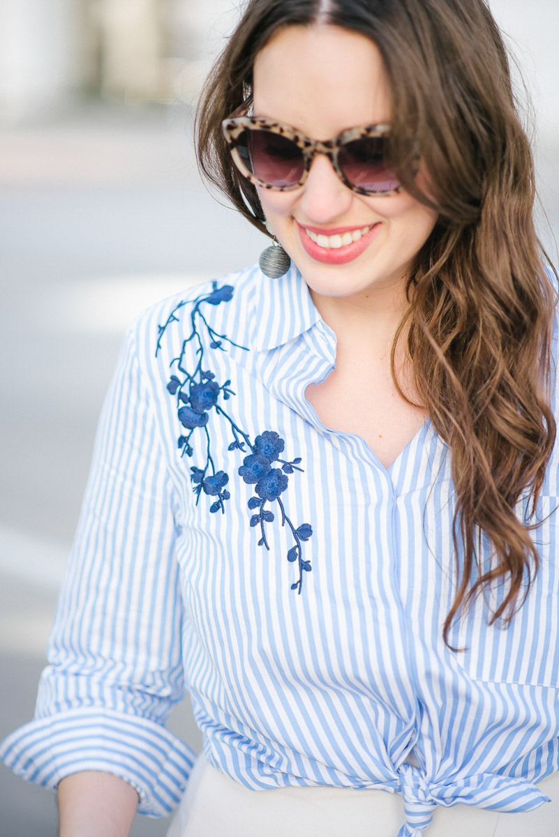 Houston fashion blogger styles a blue striped embroidered button down.