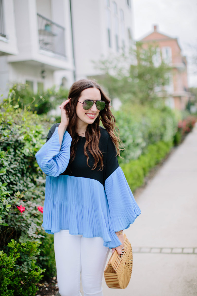 Blue and black color blocked bell sleeve top