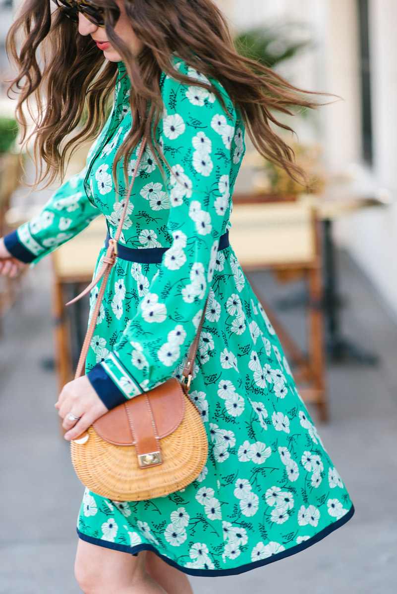 Houston blogger styles Draper James Hilltop Garden Shirt Dress in a green floral print.