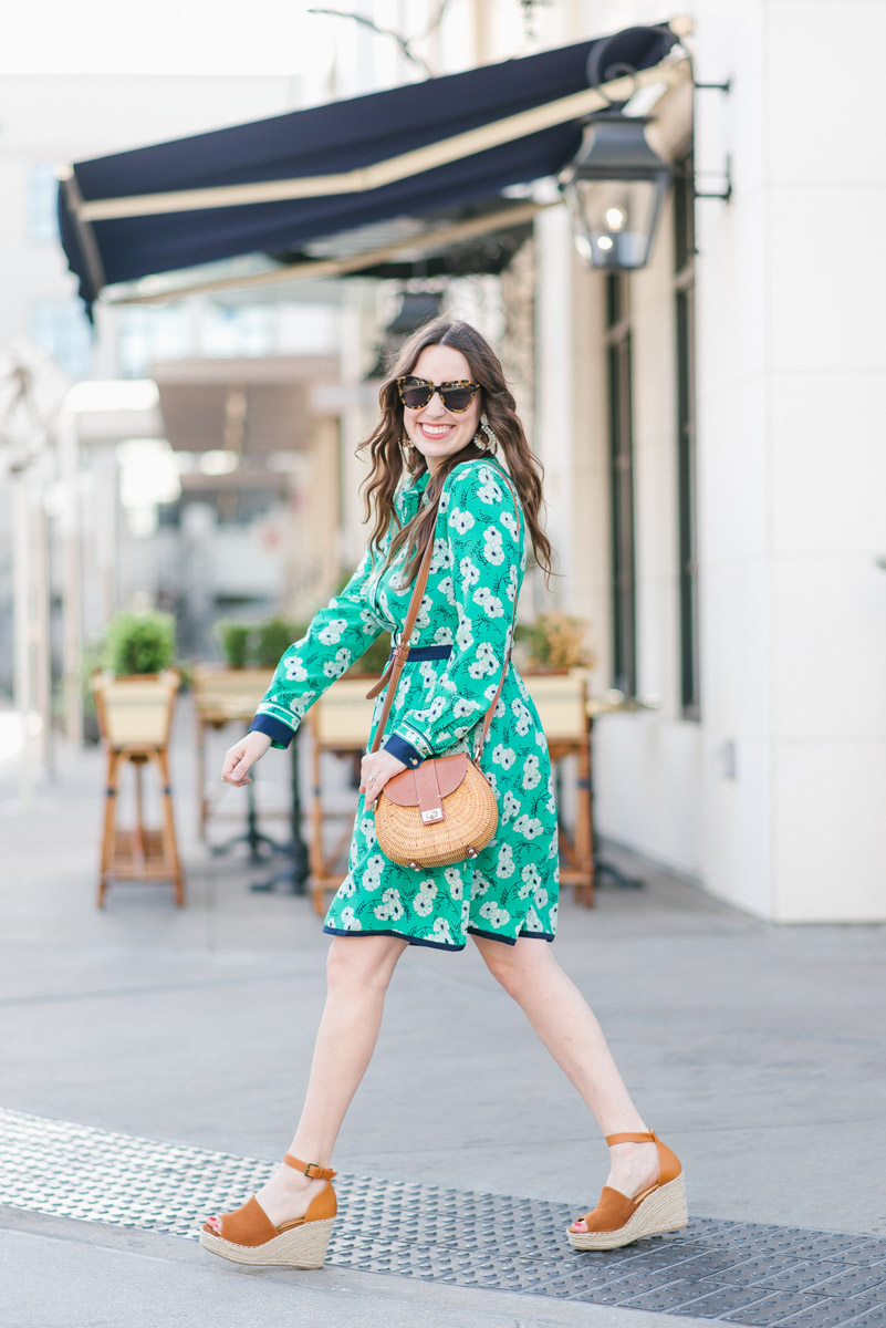 Houston blogger styles Draper James Hilltop Garden Shirt Dress in a green floral print.