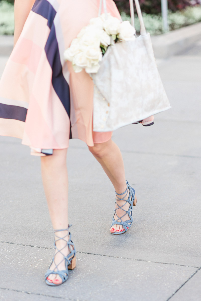 Houston blogger styles a striped papercrown dress with blue Indigo rd. heels. 