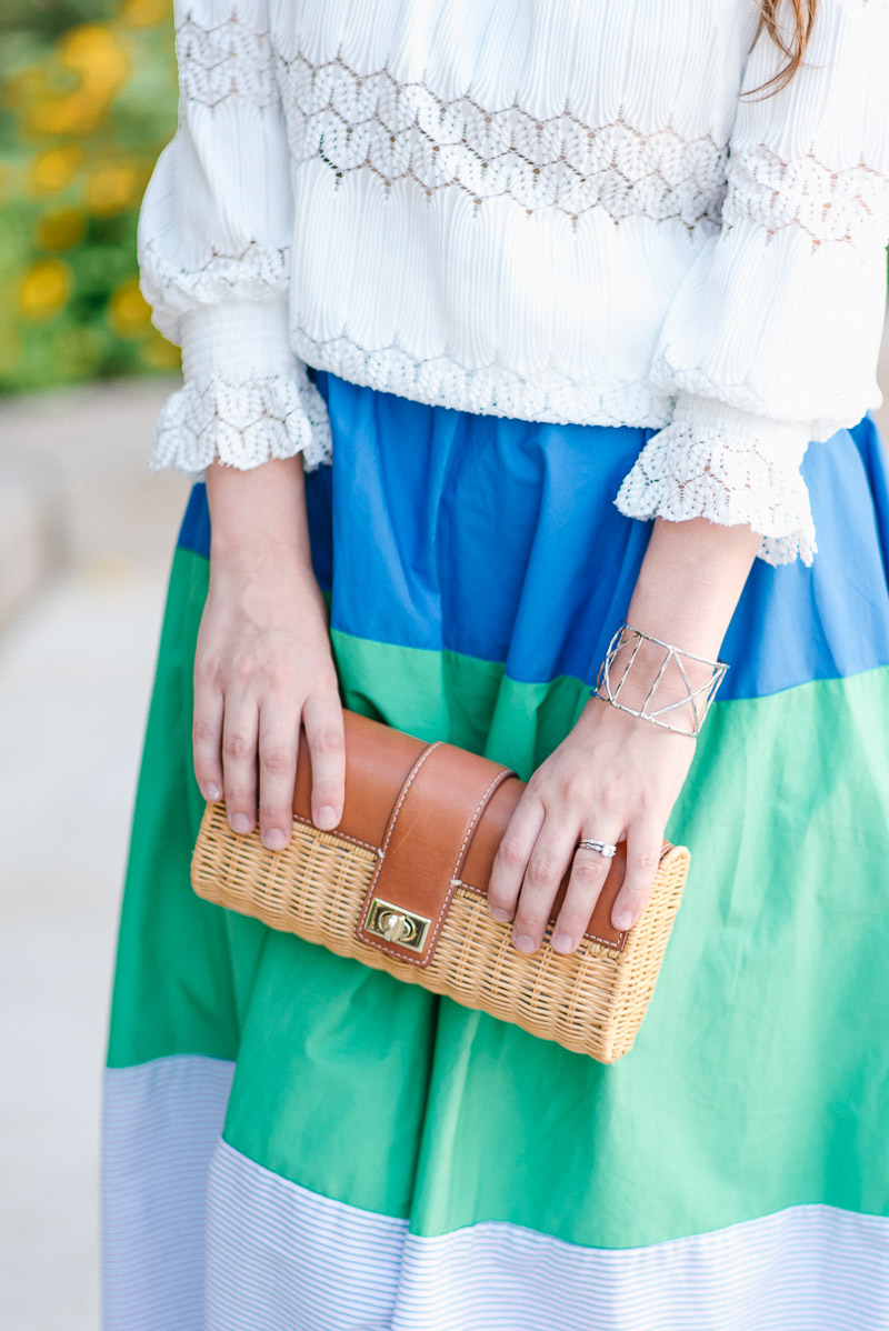 Anthropologie colorblocked midi skirt and white off the shoulder top.