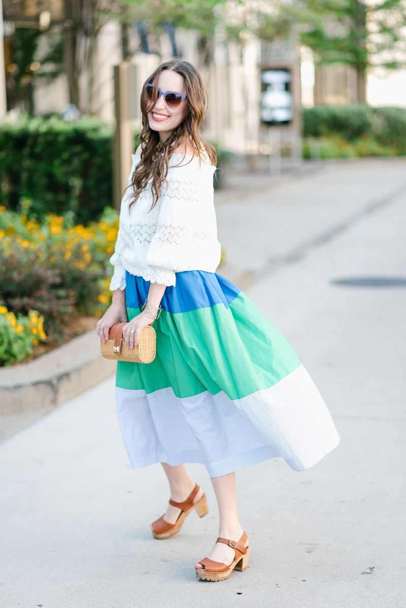 Anthropologie colorblocked midi skirt and white off the shoulder top.