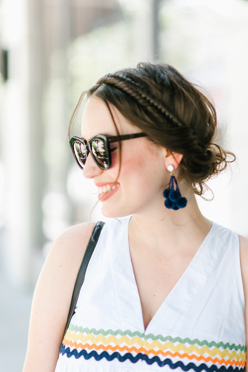 Sharing an easy crown braid with baublebar's navy pom pom earrings