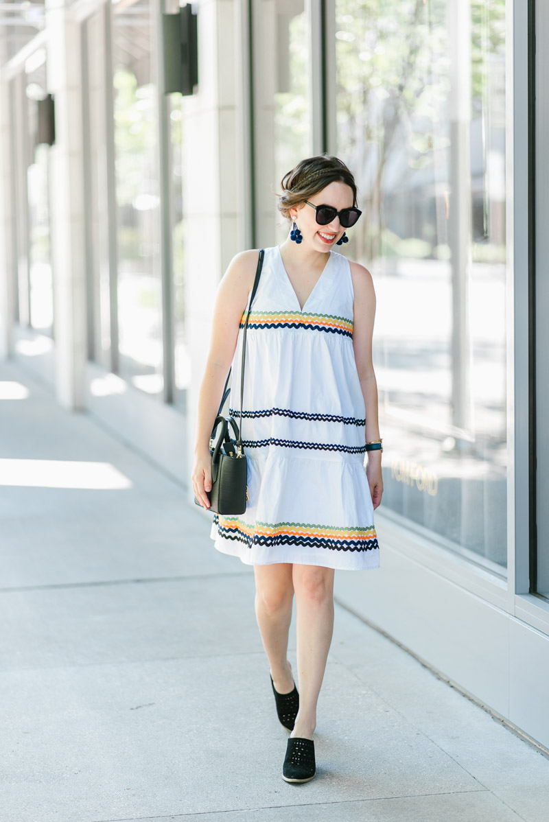 Houston fashion blogger styles a White ricrac Anthropologie Lunedi Flounced Dress