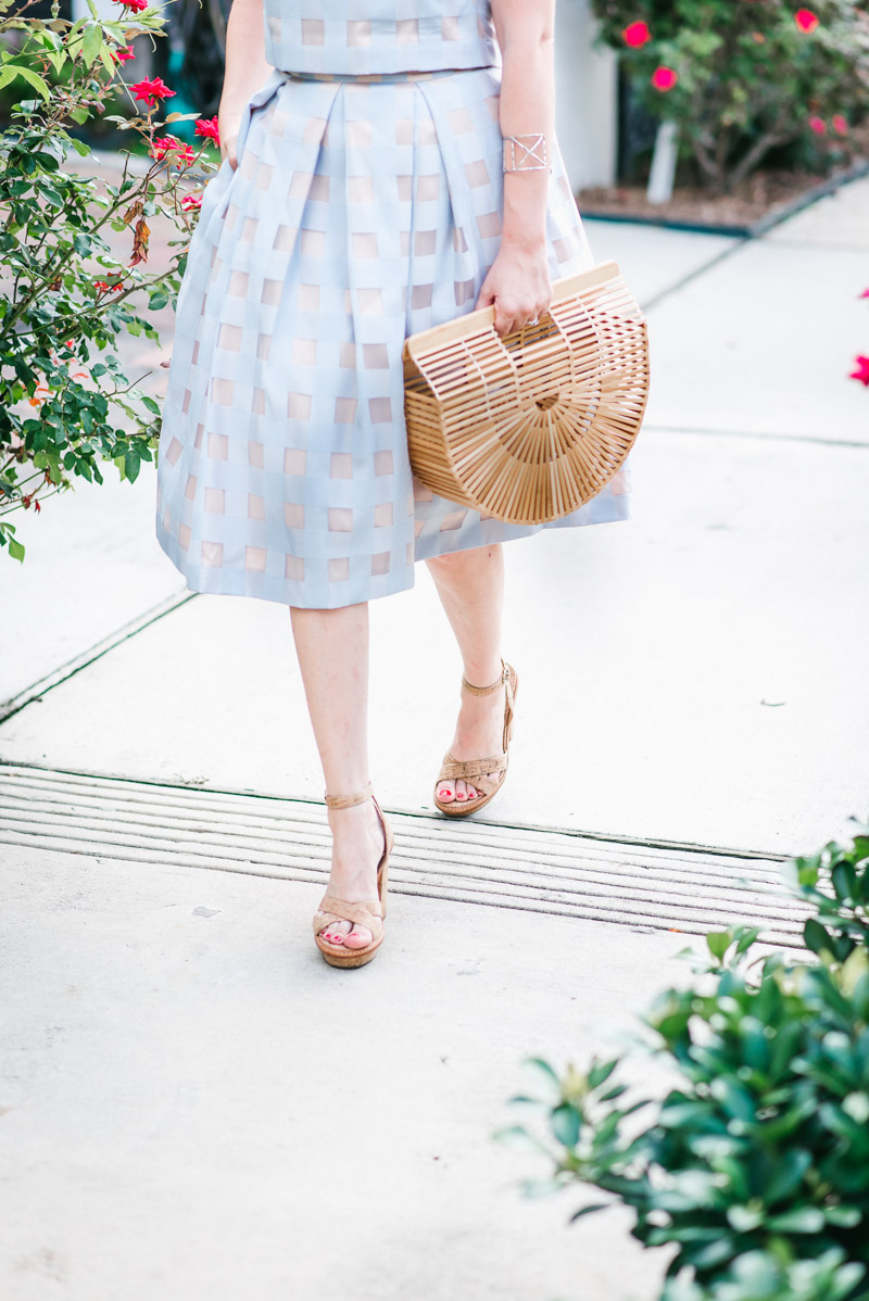 Houston fashion blogger styles cork heels with the Cult Gaia bamboo bag.