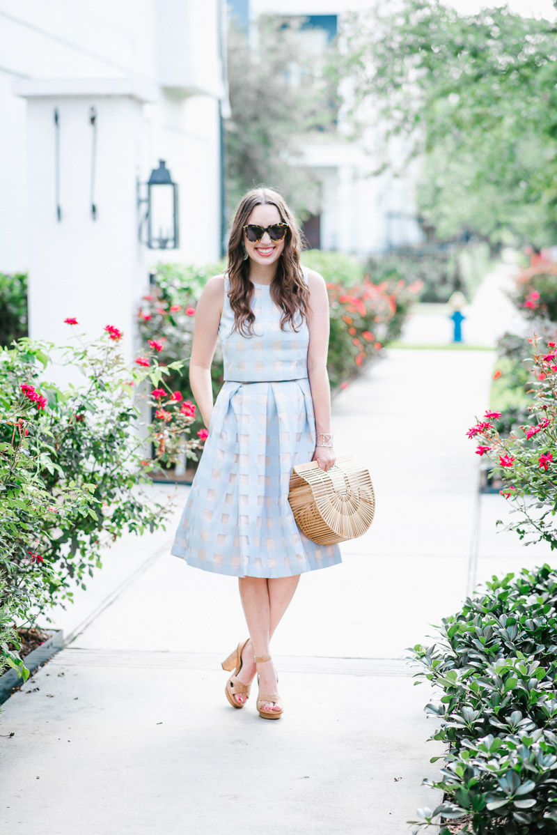 Houston fashion blogger styles a light blue Eliza J two piece dress and skirt set.