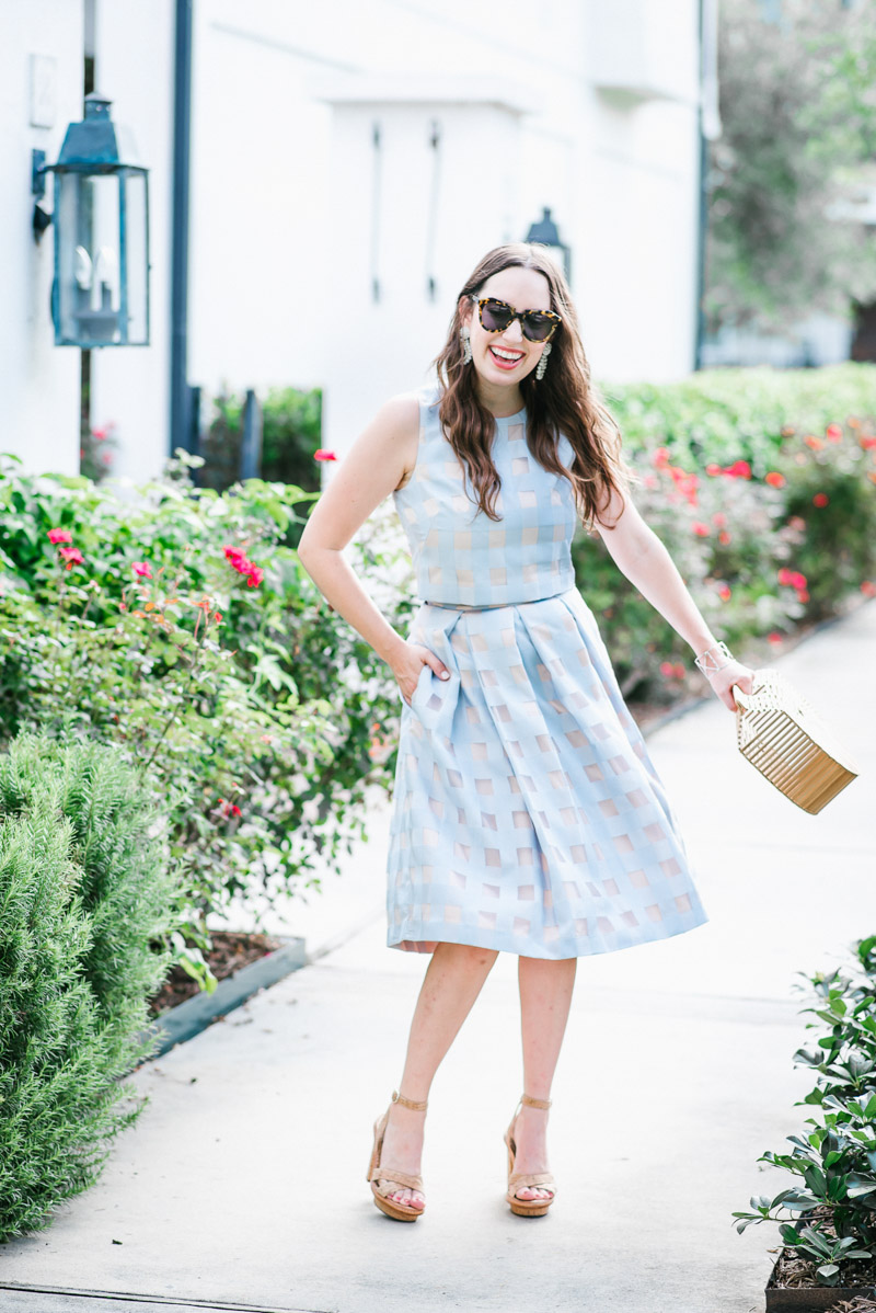 Houston fashion blogger styles a light blue Eliza J two piece dress and skirt set.