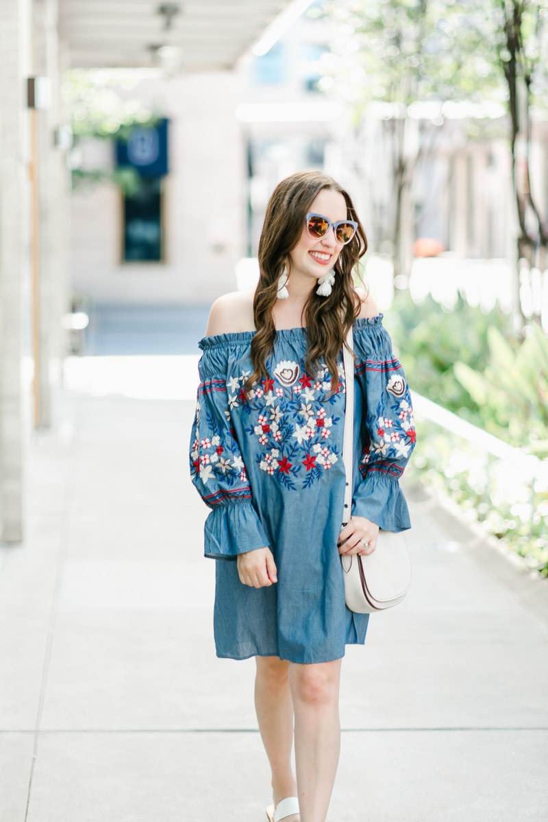 Houston fashion blogger styles a red white and blue off the shoulder dress.
