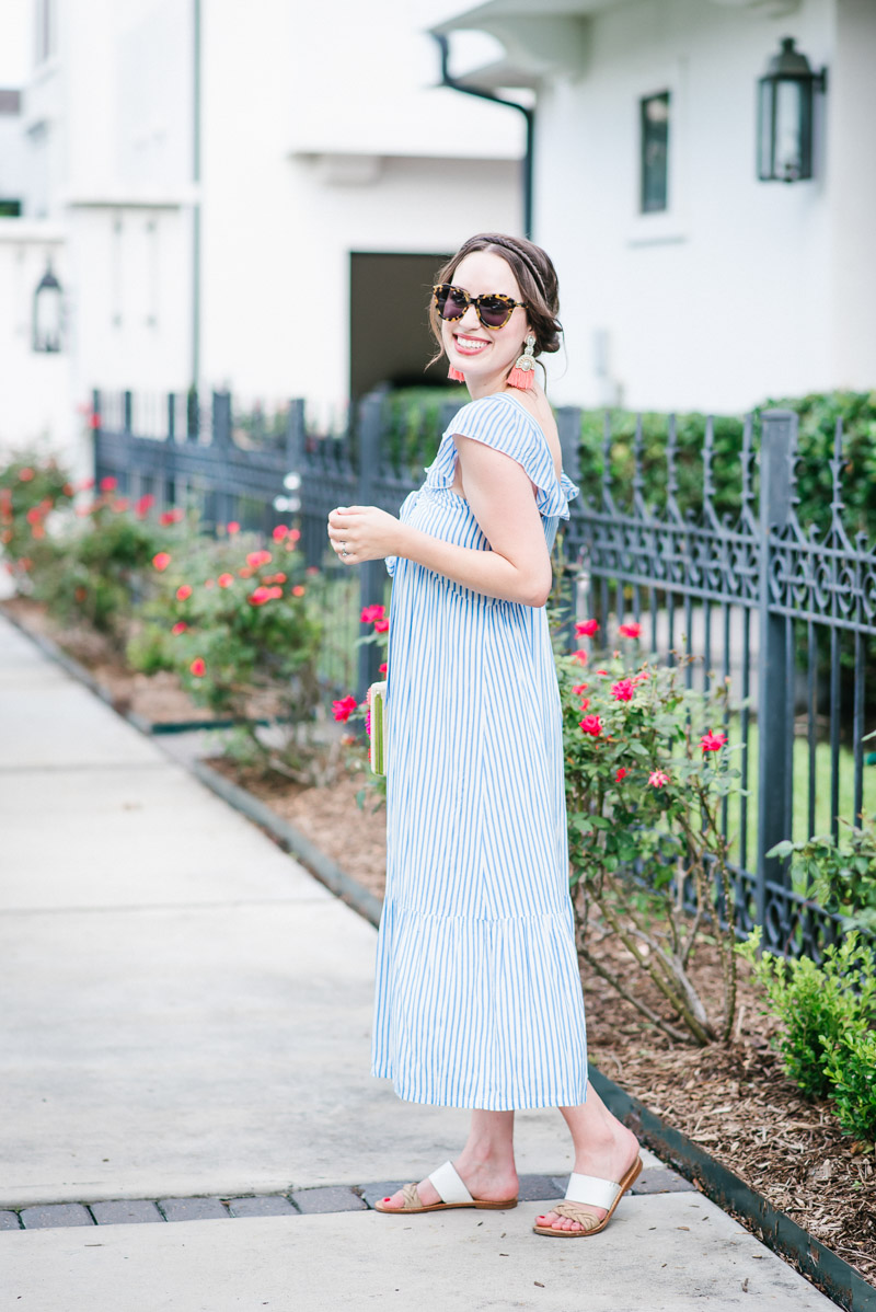 Summer Outfit inspiration in an Asos stripe frill front midi dress.