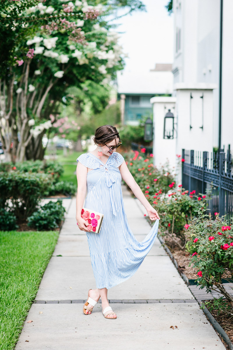 Summer Outfit inspiration in an Asos stripe frill front midi dress.