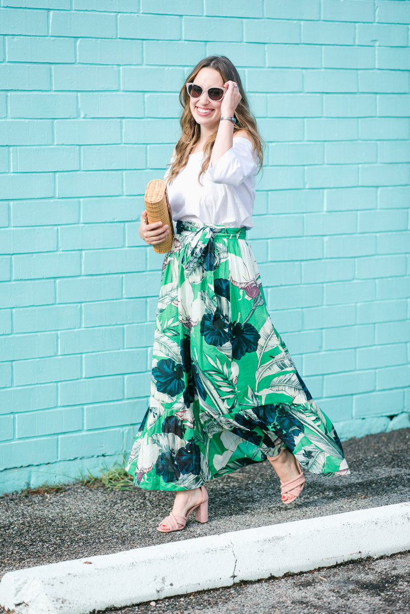 Houston fashion blogger styles a floral maxi skirt for summer.
