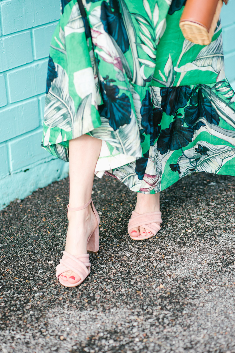 Ann Taylor green floral maxi skirt styled with pink velvet heels.