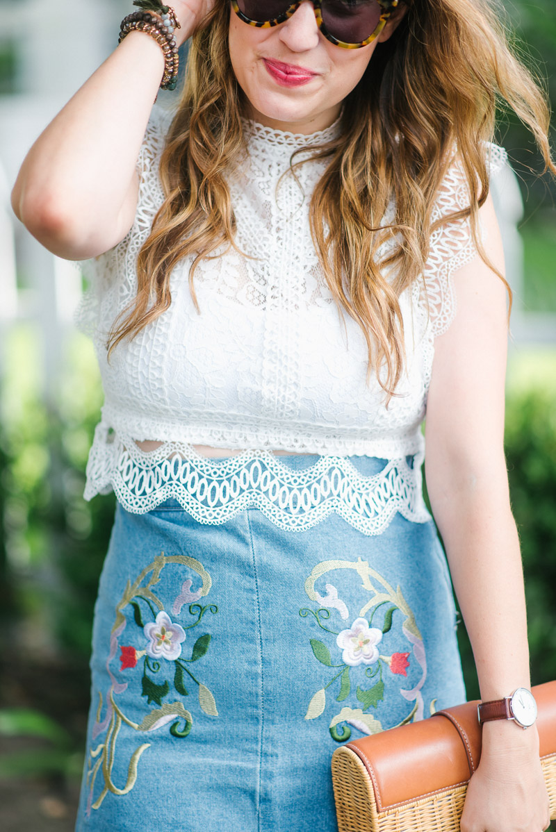 Texas fashion blogger styles an embroidered denim skirt and lace crop top with Chic Wish.