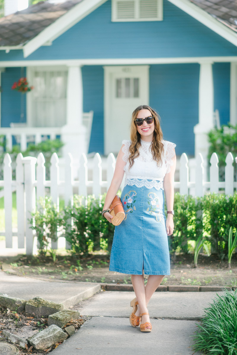 Texas fashion blogger styles an embroidered denim skirt and lace crop top with Chic Wish. 