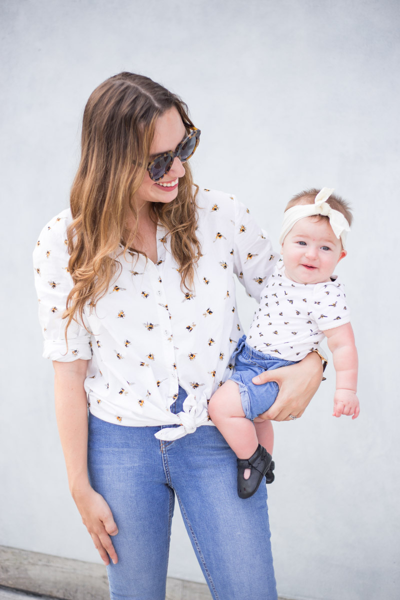 Mother daughter matching white bumblebee tops in Victoria Beckham for Target.