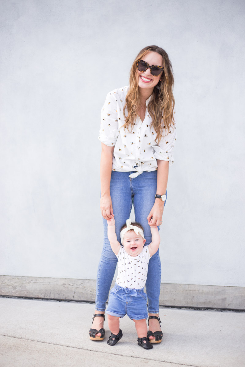 Mother daughter matching white bumblebee tops in Victoria Beckham for Target.