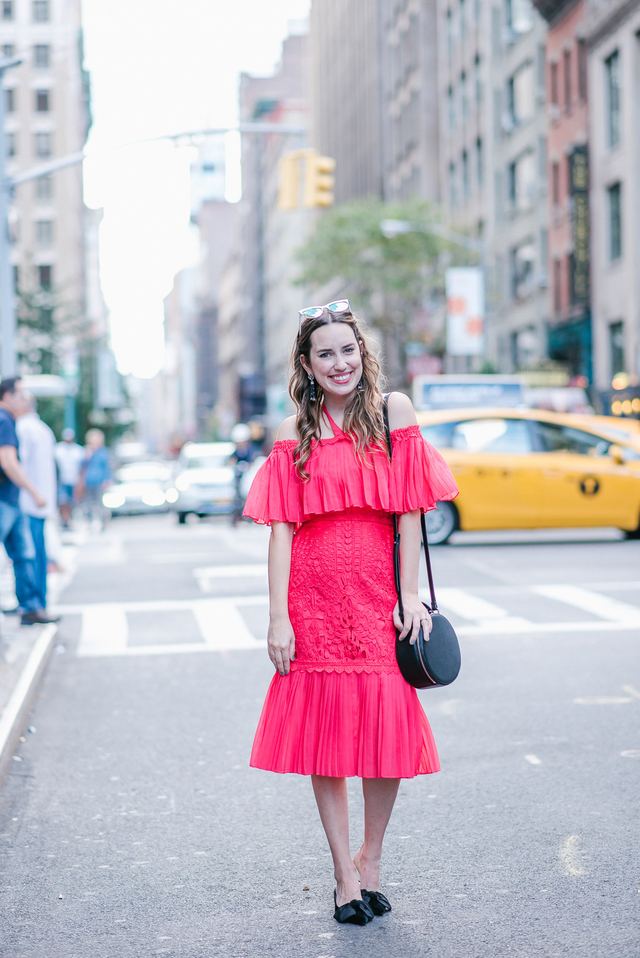 Alice Temperley Coral Berry Lace Cocktail Dress styled on the streets of New York for NYFW.