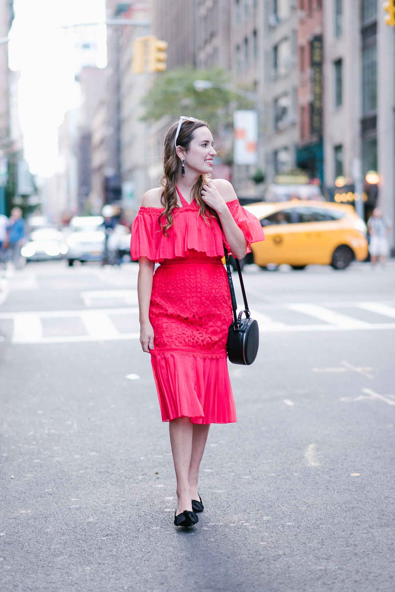 Alice Temperley Coral Berry Lace Cocktail Dress styled on the streets of New York for NYFW.
