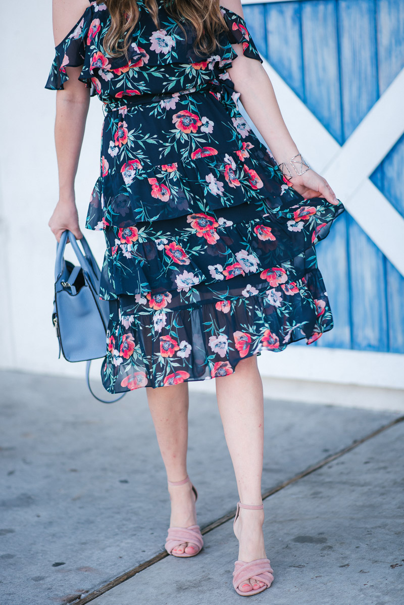 A floral dress for fall. Texas blogger styles an ruffled Eliza J floral sundress.