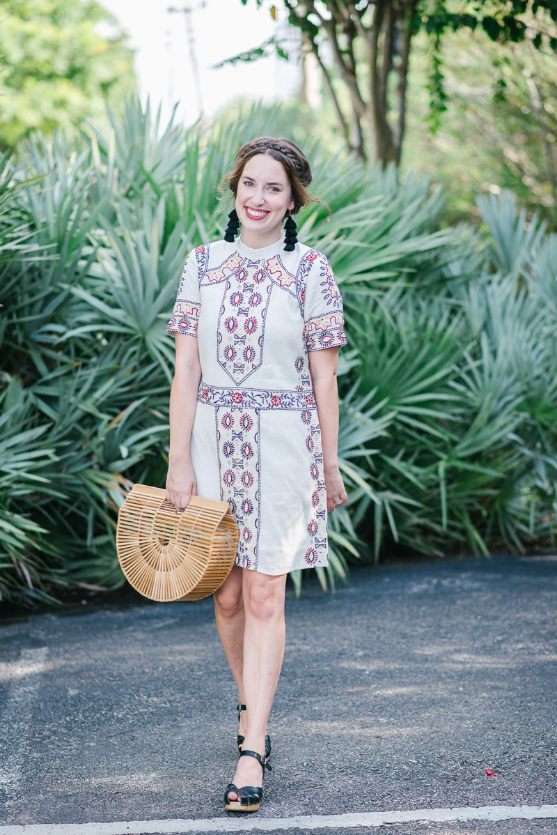 Texas fashion blogger styles a boho KAS New York Embroidered Dress with Swedish Hasbeens sandals and a cult gaia bag.