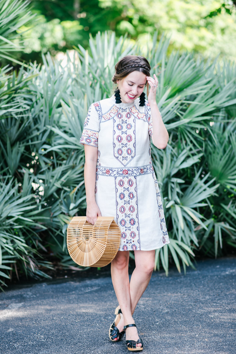 Texas fashion blogger styles a boho KAS New York Embroidered Dress with Swedish Hasbeens sandals and a cult gaia bag.