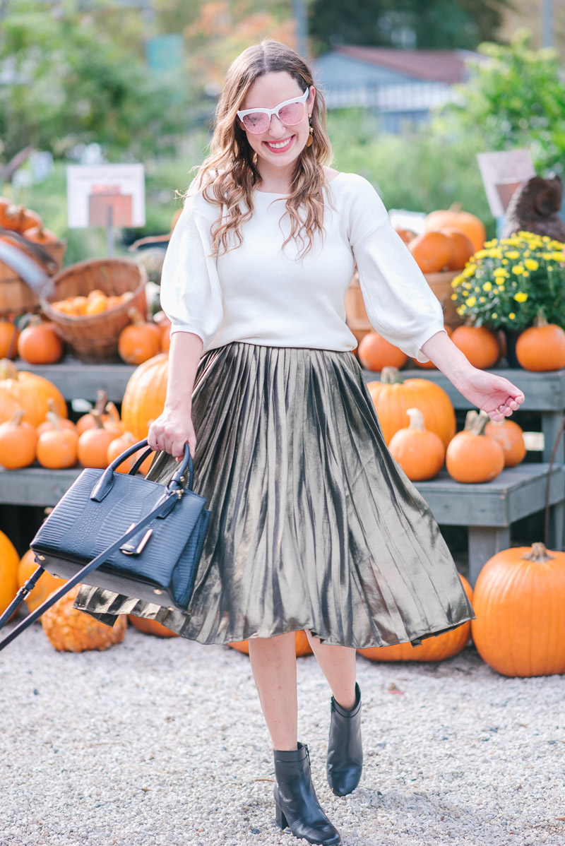 Fall Outfit Ideas in a gold Ann Taylor skirt and white sweater. 