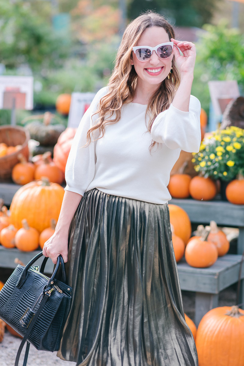 Fall Outfit Ideas in a gold Ann Taylor skirt and white sweater. 