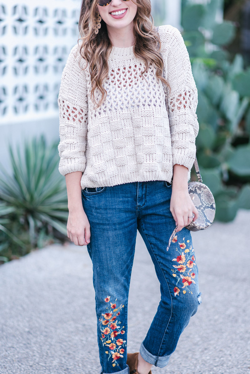 Anthropologie Cream Fisherman Sweater styled with Embroidered Pilcro Jeans