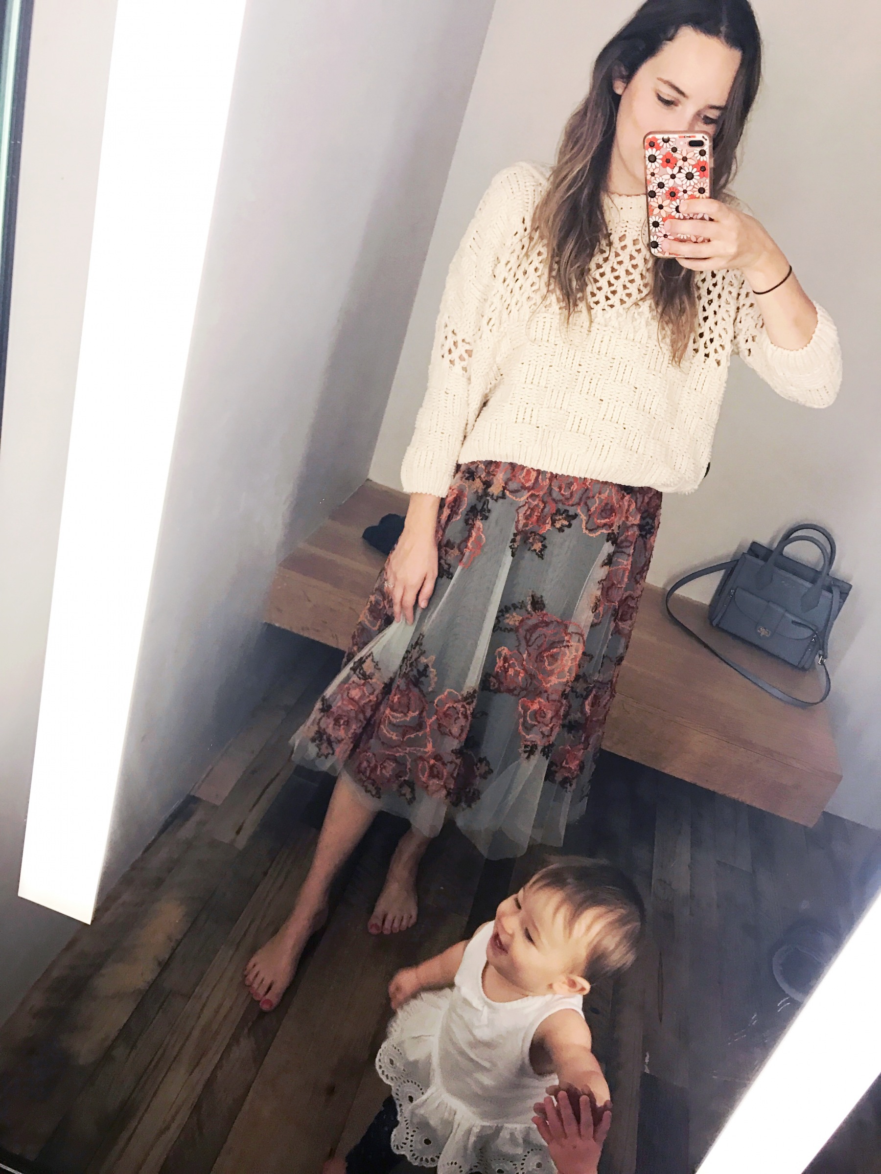Anthropologie rosie embroidered tulle  skirt in orange and grey