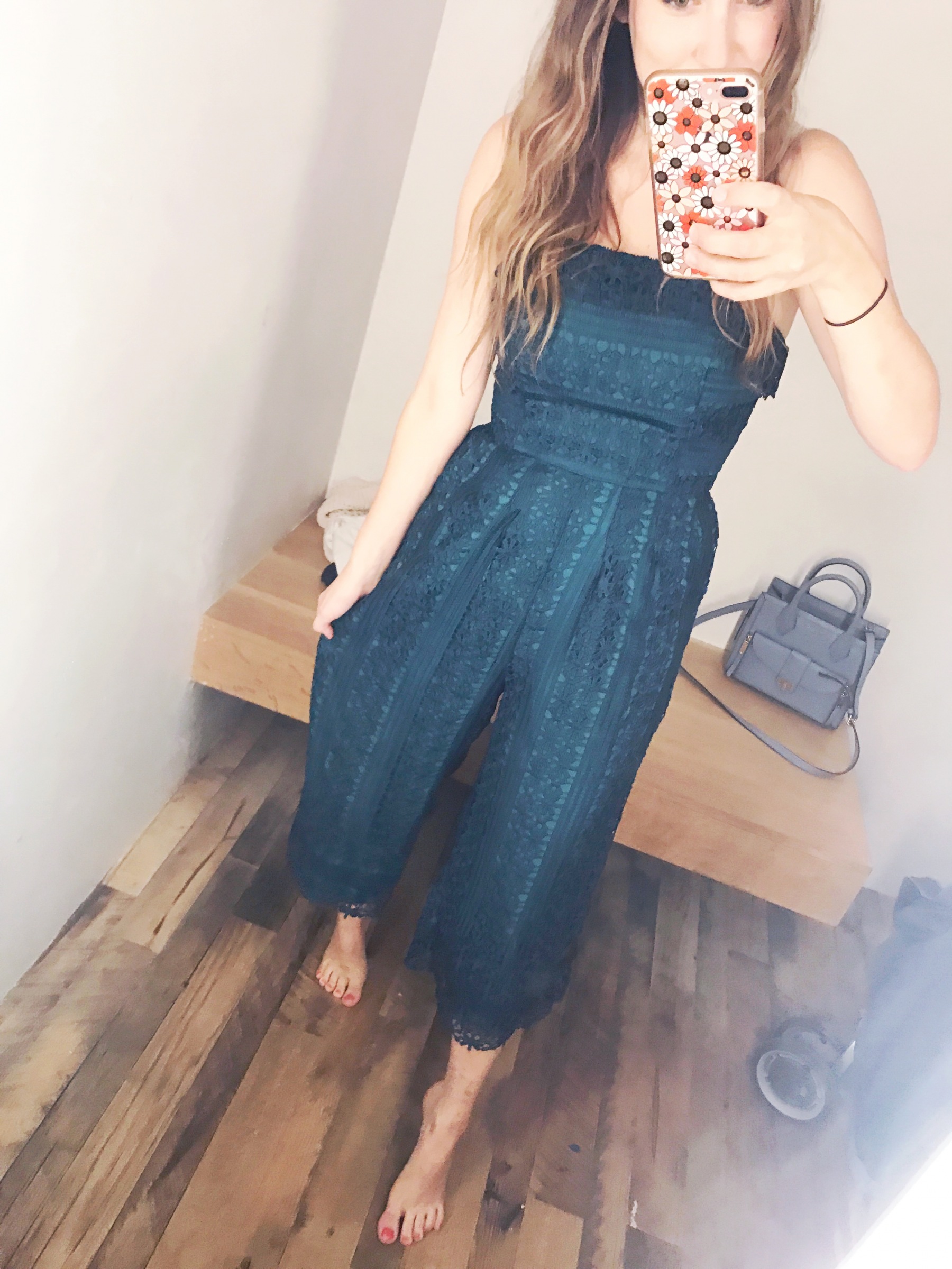 Anthropologie teal stow lace jumpsuit.
