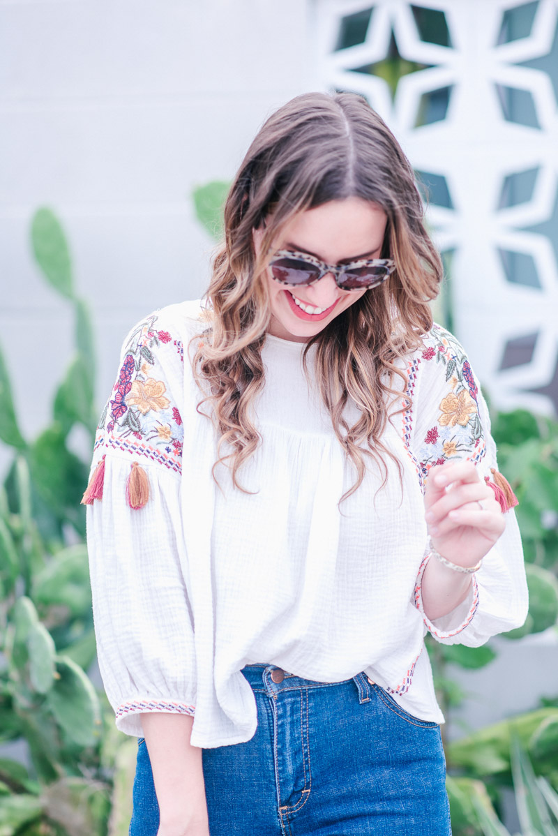 Houston blogger styles a boho blouse paired with Wrangler for ModCloth flares.