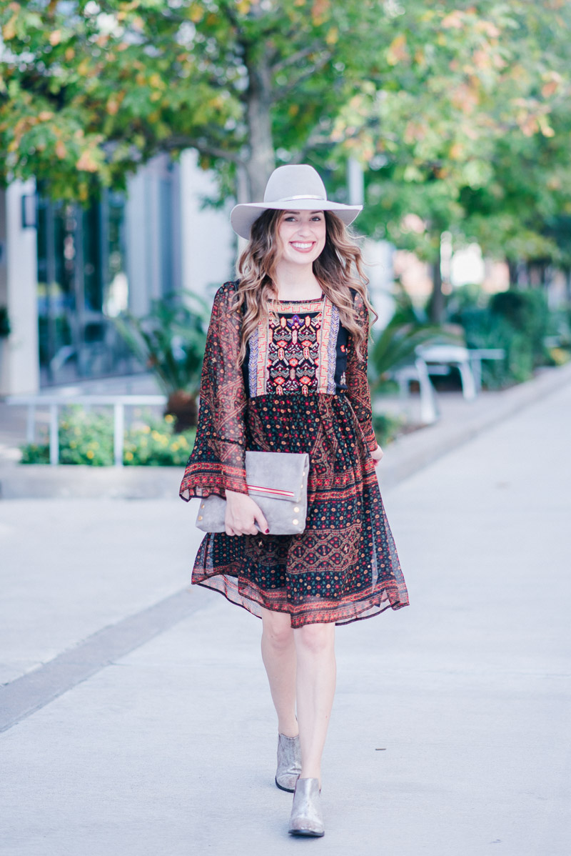 Anthropologie Fall Dress - Monroe Embroidered Tunic Dress with a Hammitt clutch and silver seychelles booties
